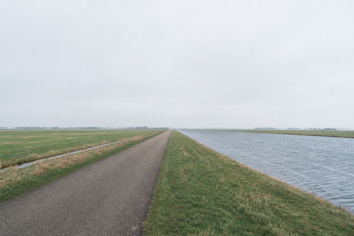 Kaarsrechte weg door vlak ingepolderd akkerland met een rechte vaart ernaast en een enorme lucht.