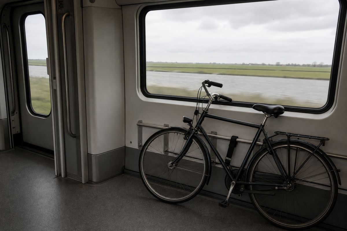 Fiets vastgezet in de fietsruimte van een trein, met vlak groen landschap dat langs het raam trekt.