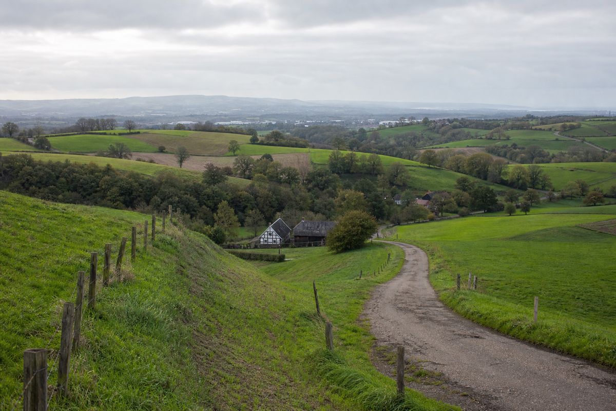 Golvende groene heuvels met kleine percelen en heggen in het uiterste zuiden, met een weg die de helling op klimt.