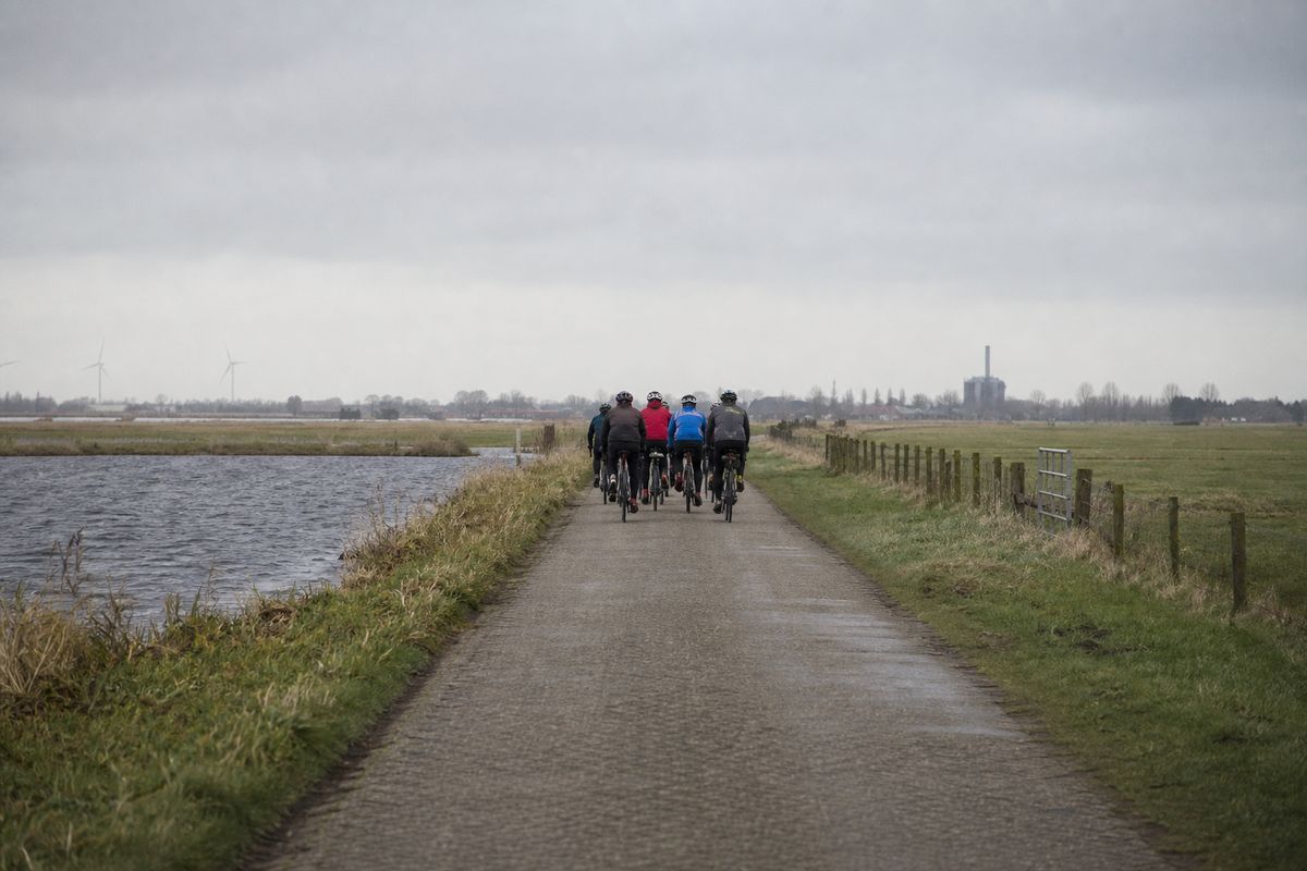 Groepje toerfietsers op de rug gezien, twee aan twee op een smalle landweg tussen de velden.