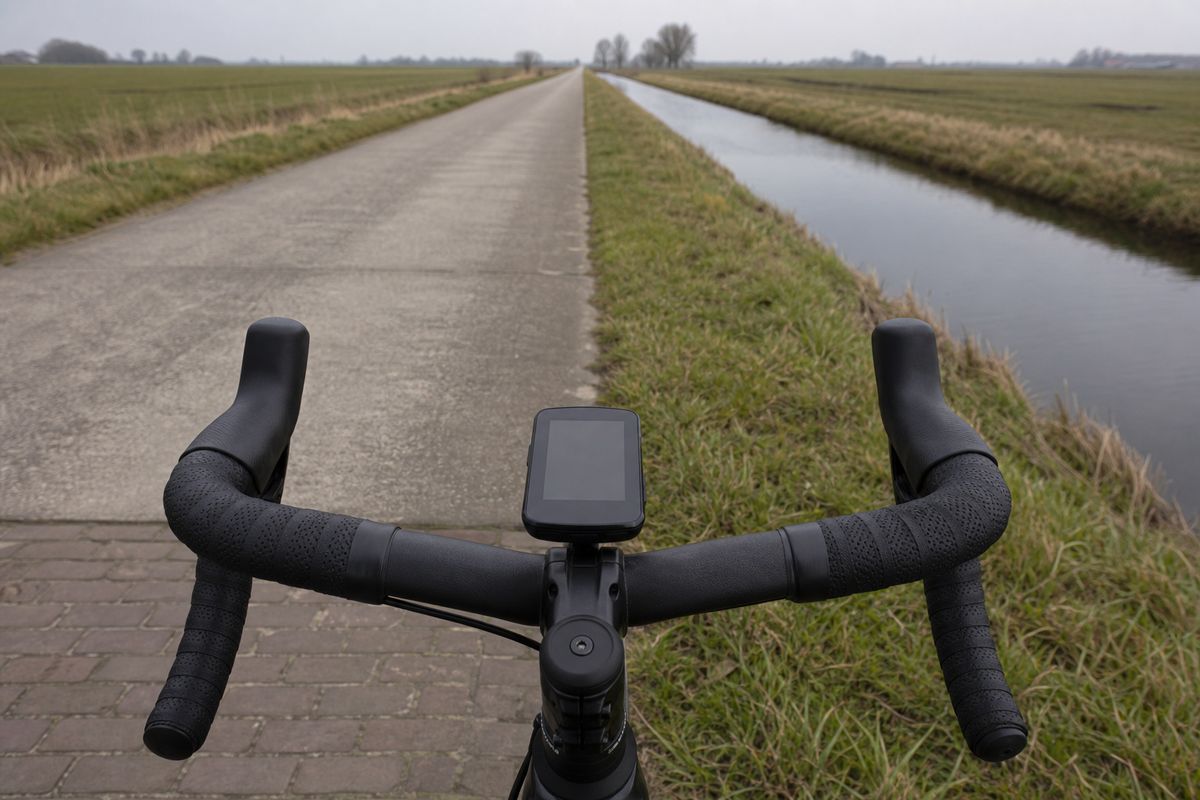 Blik over het stuur van een racefiets met een kleine fietscomputer op de stuurpen en een vlakke weg vooruit.