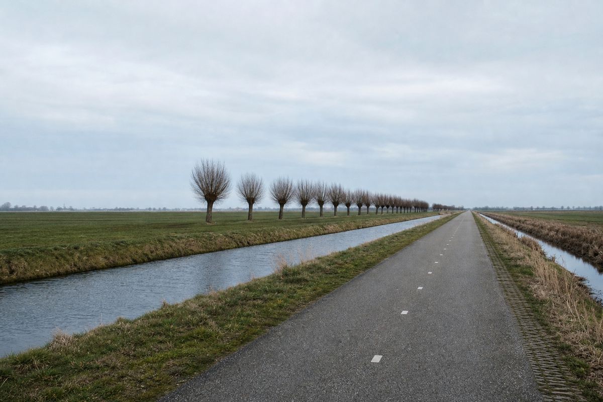 Kaarsrecht fietspad dat naar de horizon verdwijnt over open polderland, met een sloot en knotwilgen ernaast.